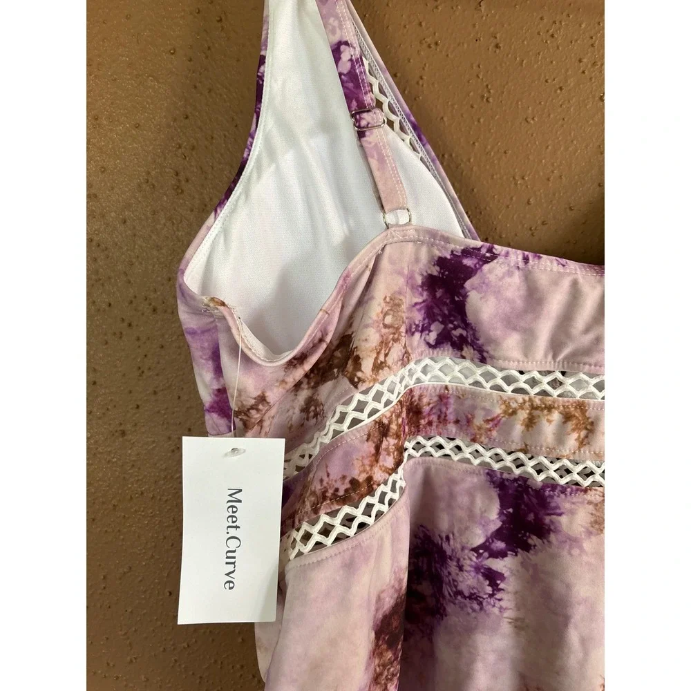 MeetCurve Purple Tie Dye Lattice One Piece Swimsuit Plus Size 4XL New